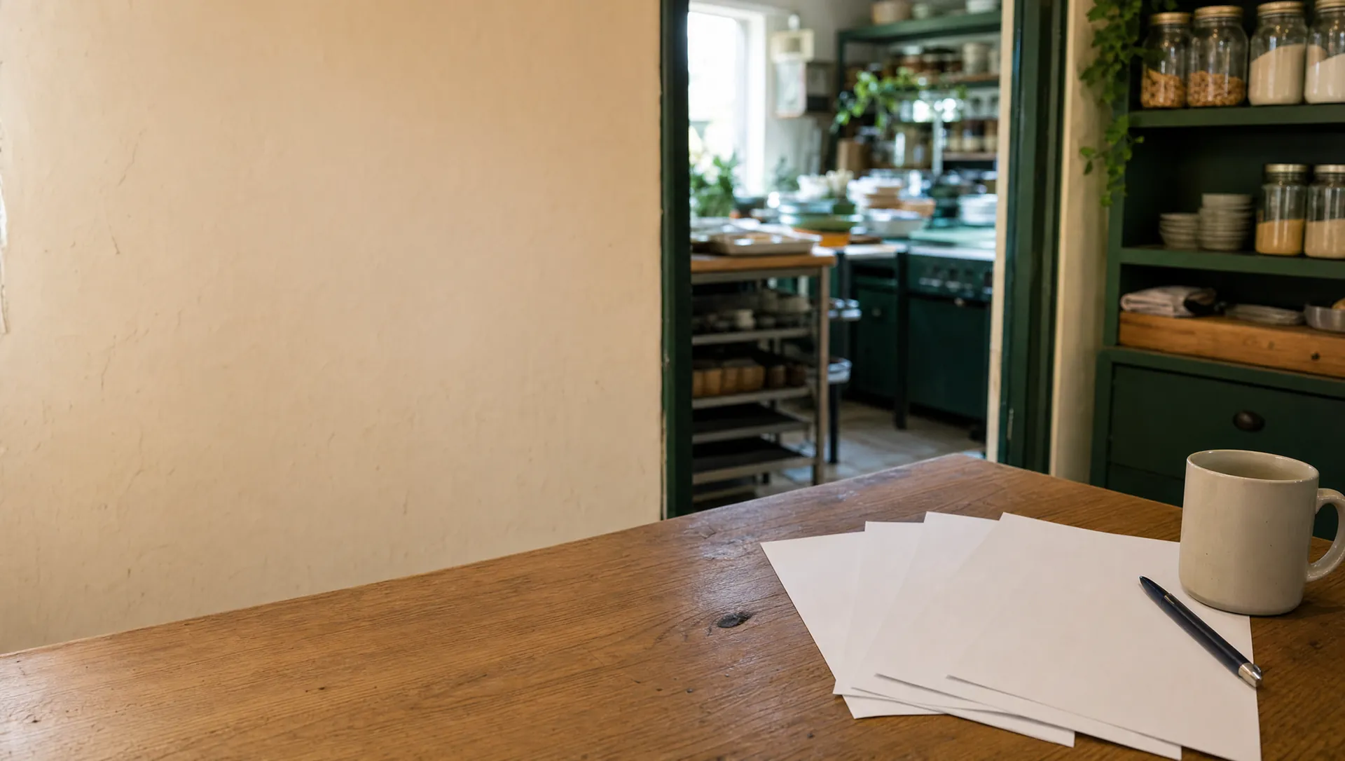 Le bureau d'une cuisine meal-prep : trois factures fournisseurs séparées posées près d'une tasse, la cuisine visible derrière