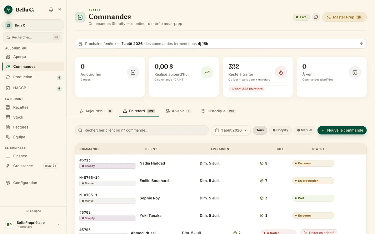 L'écran Commandes de KitchOps : les commandes reçues, regroupées par canal de vente.