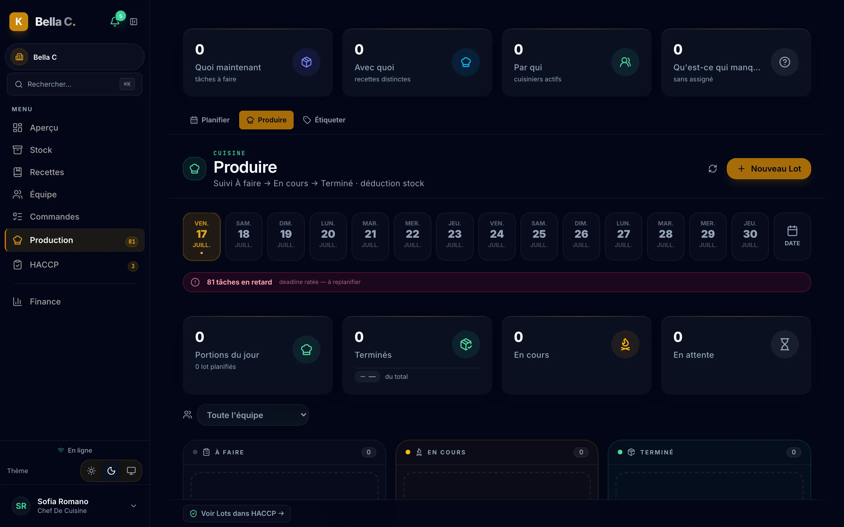 Module Production de KitchOps : plan de production du jour, bons par poste et avancement en temps réel